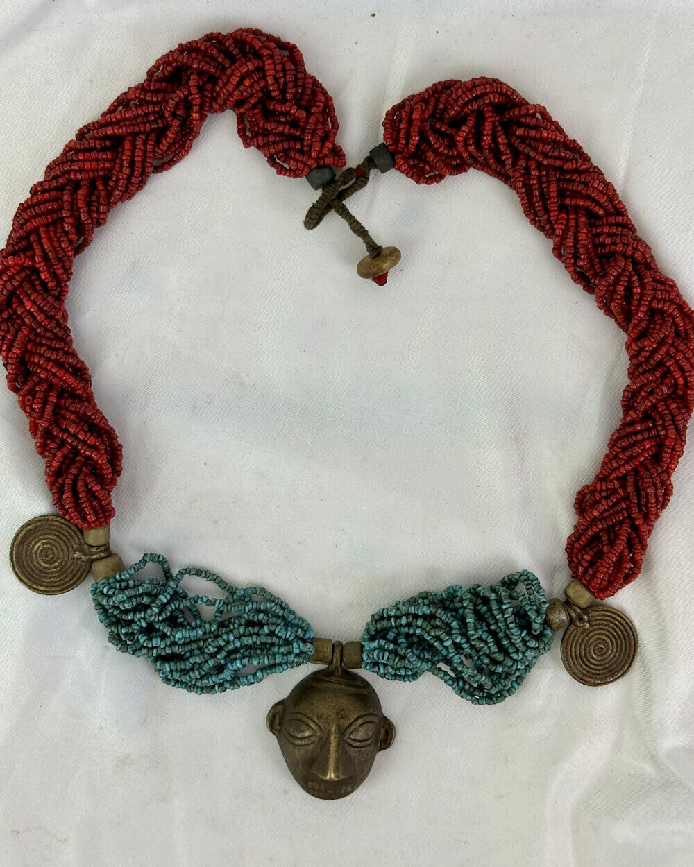 A Very Unique, One-of-a-Kind Chief’s Turquoise, Coral, Brass Necklace