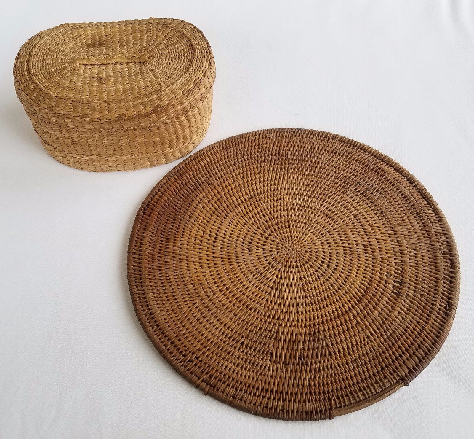 Vintage 2 pc. Pacific Northwest Woven Small Covered Basket and Plate/Tray/Mat
