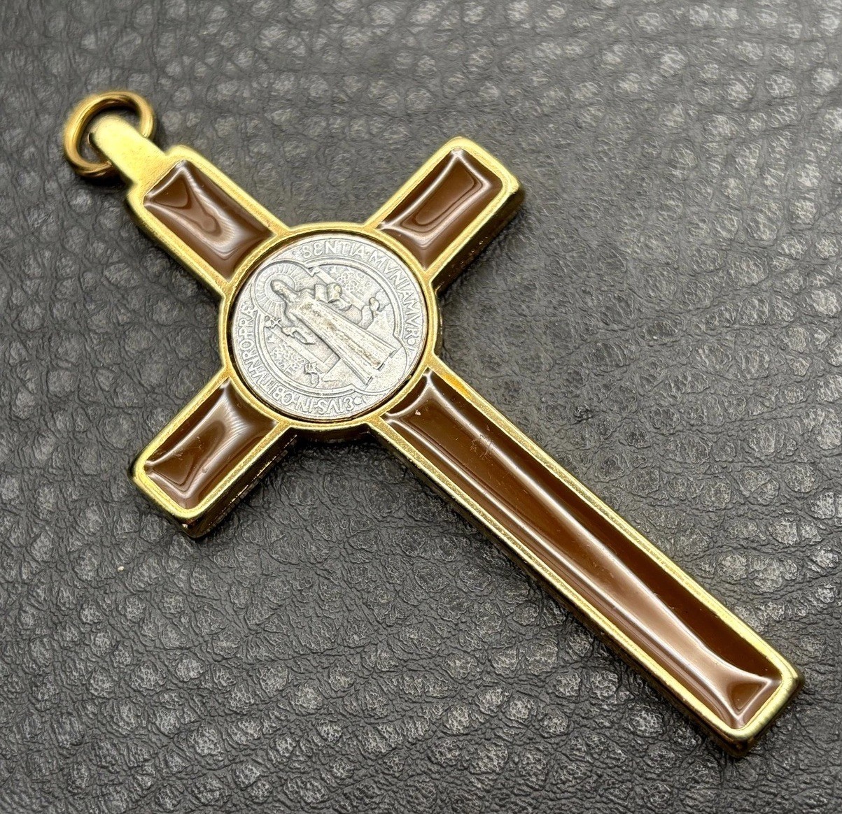 VTG HUGE Saint Benedict Medallion Crucifix Cross Pendant Gold Tone Brown Enamel