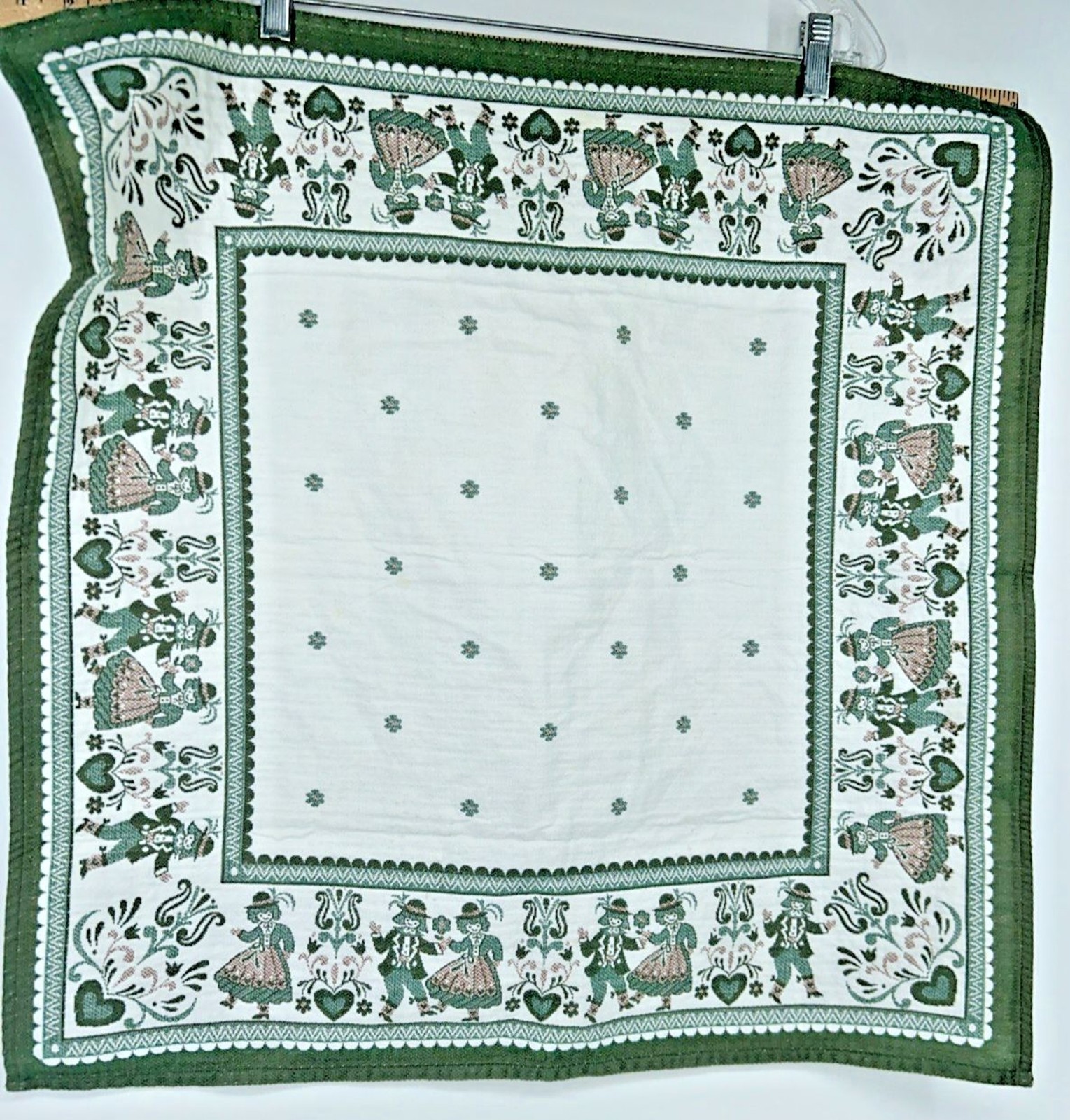 Beautiful Vintage Halltex Folk Art Green Tea Towel 25” x 25”