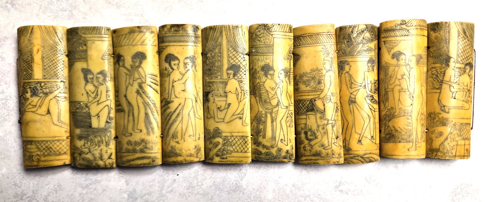 Vintage Erotic Kama Sutra Panels Double Sided Carved Folding Screen 10 pc