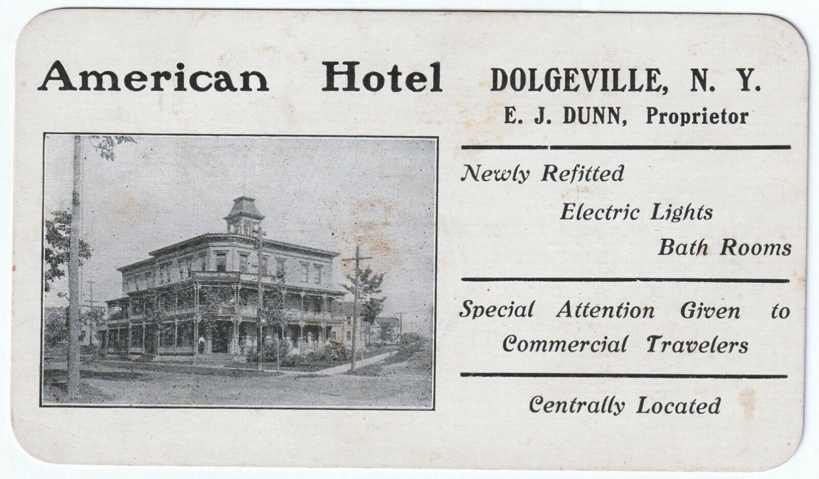 RARE Advertising Trade Card - American Hotel - Dolgeville NY ca 1900 w photo