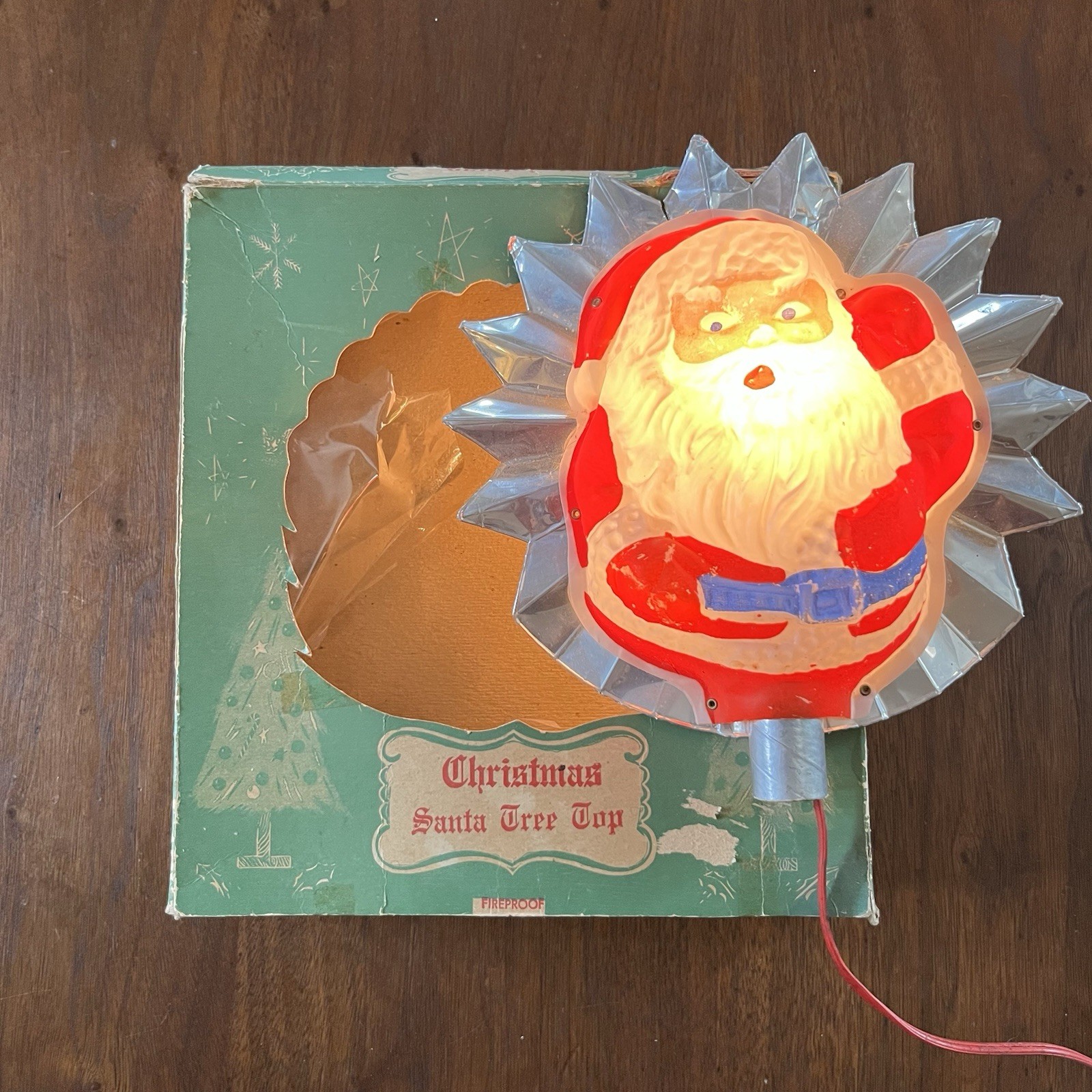 Vintage 40s 50s CHRISTMAS Santa Claus Vacuform Tree Topper Original Box Lighted