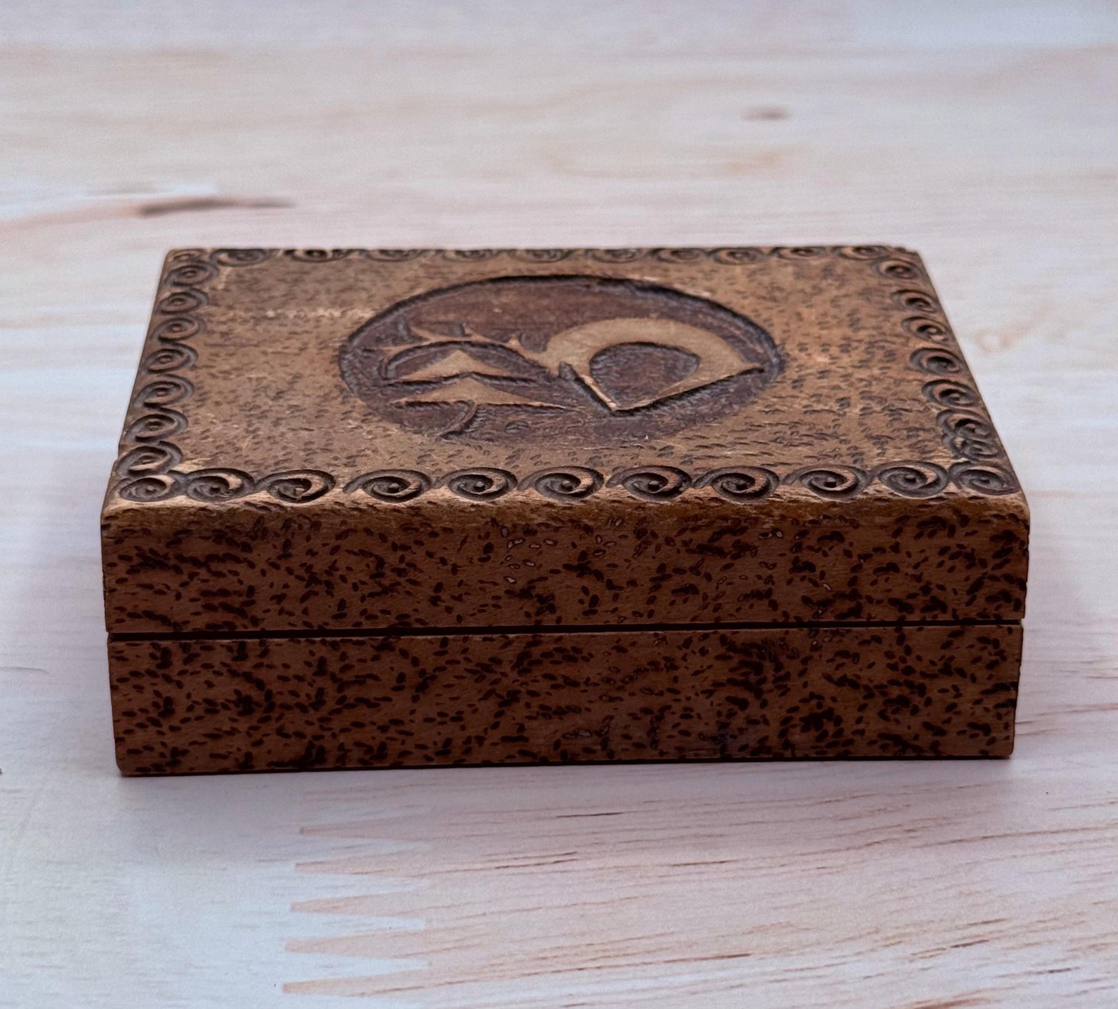 Vintage Pyrography Trinket Box Carved Wood Art Deco Burnt Wood Hinged Box Vintage Pyrography Trinket Box Carved Wood Art Deco Burnt Wood Hinged Box