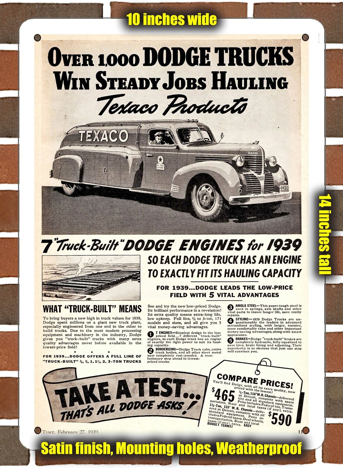Metal Sign - 1939 Dodge Texaco Tanker Truck- 10x14 inches