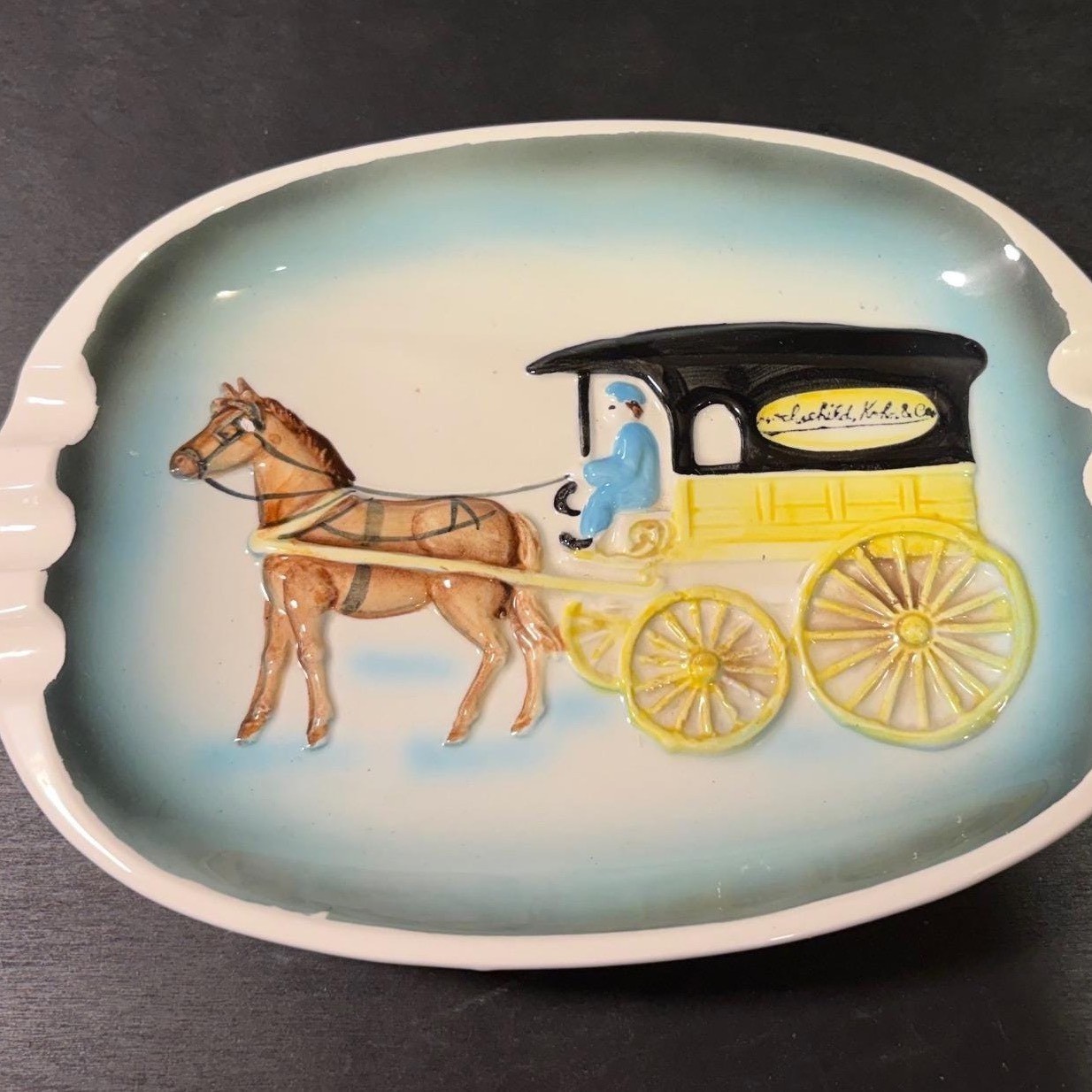 Vintage Japan Ceramic Ashtray Horse Drawn Carriage 3D Relief Hand Painted Blue