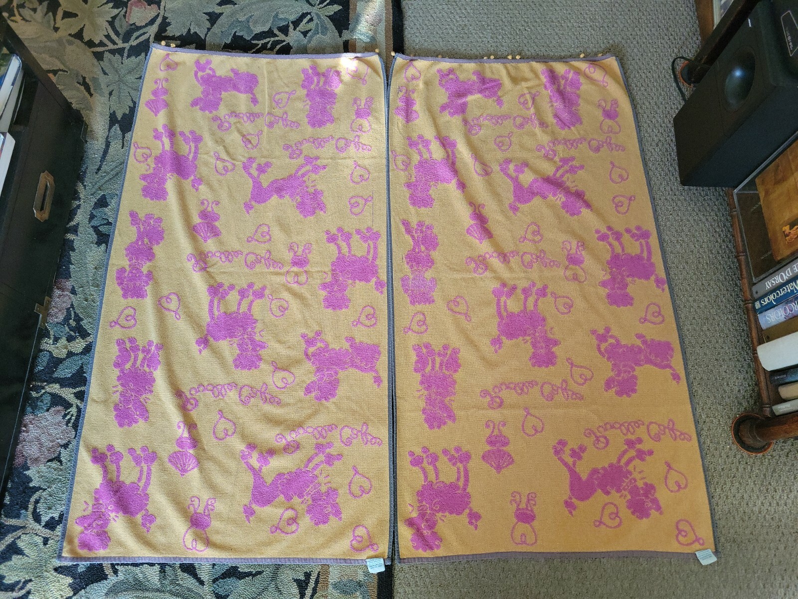RARE Vtg Italian Bathroom Towel Set tassles By Besana Pink Orange Poodle Cafe 