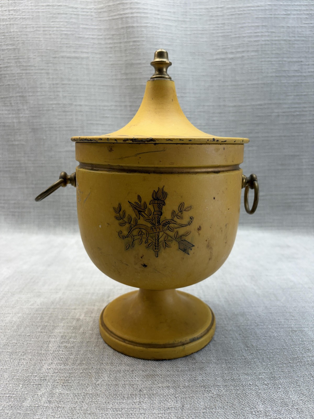 Vintage Yellow Italian Tole Lidded Jar Small Round Pedestal Italy As Is Decor