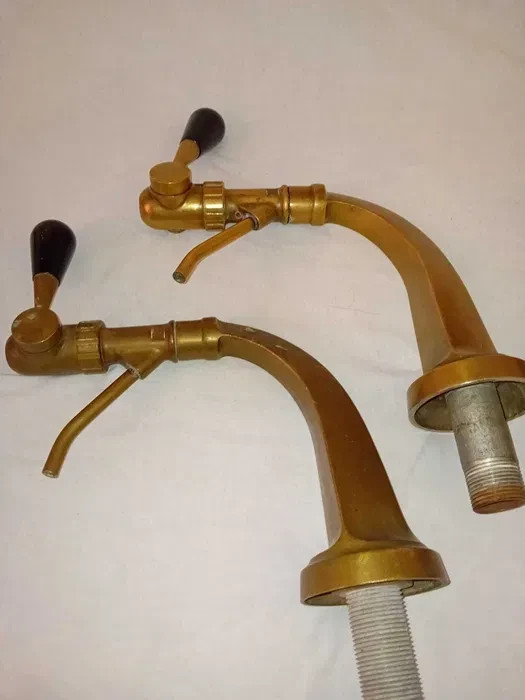 Pair Vintage French Lison Solid Brass Beer Draft Taps Brevete Depose Swan Neck