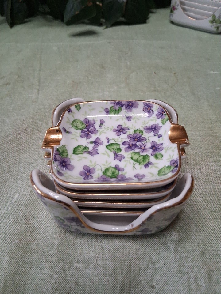 4 Vintage Lefton Violet Chintz Ash Trays And Holder-3 x 3-Stackable