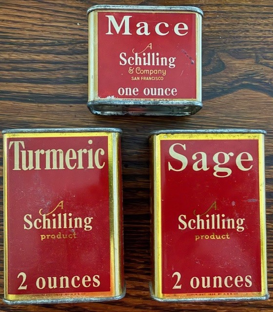 Vintage Schilling & Co. Sage, Mace & Turmeric Spice Tins