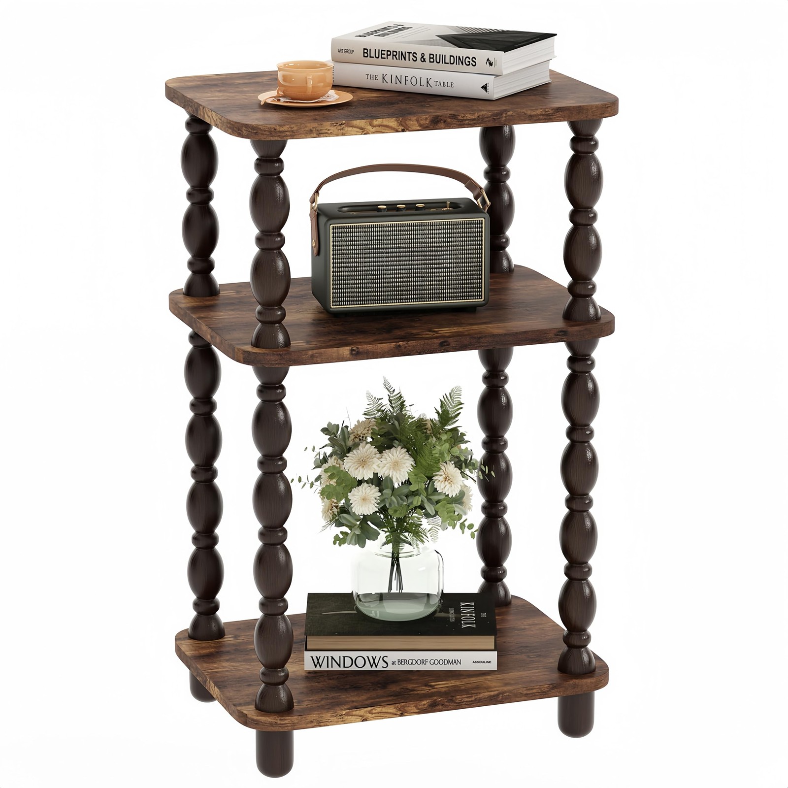 Retro End Table, 3-Tier Small Side Table, Narrow Couch Side Table for Small S...
