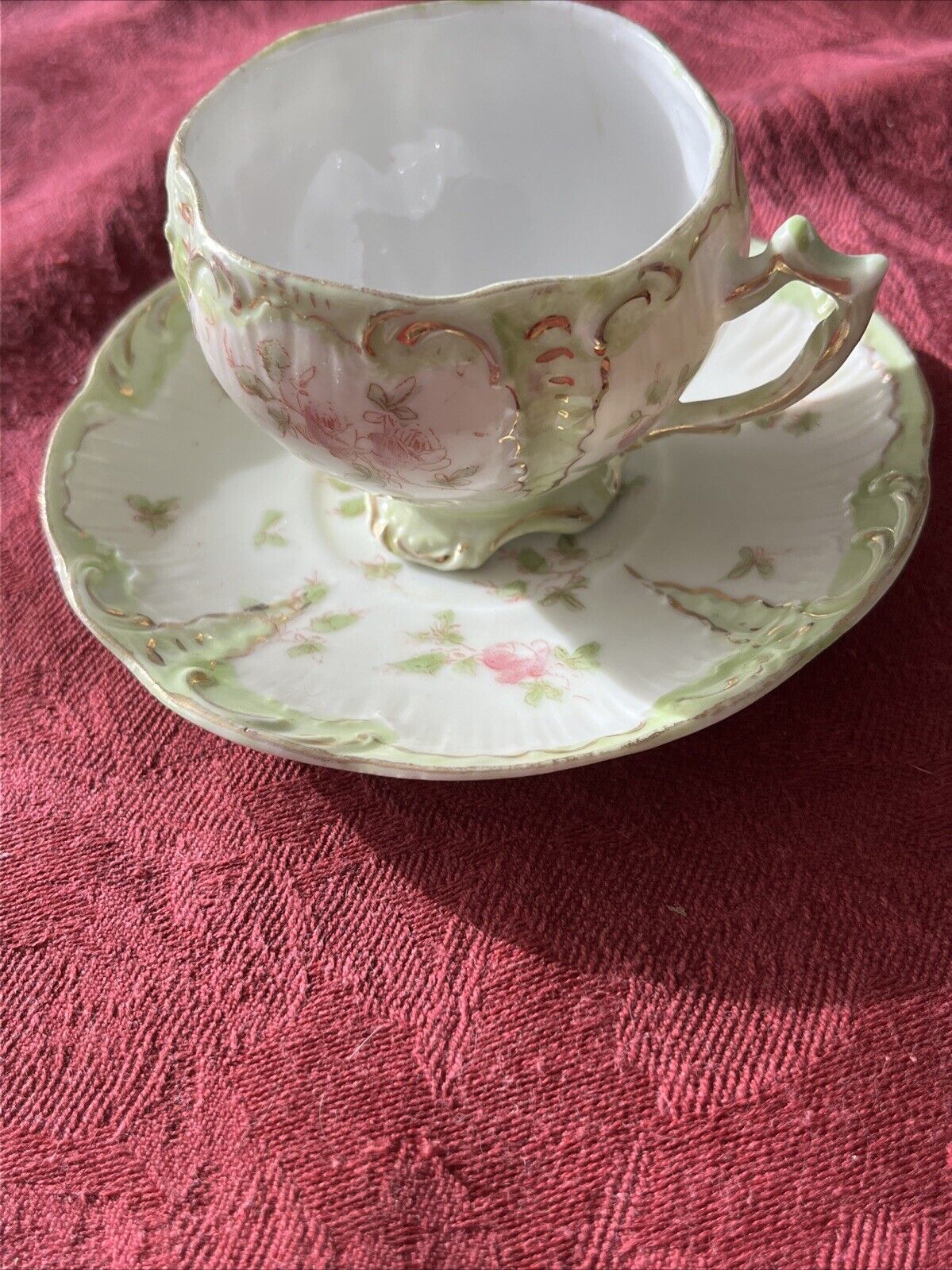 Antique RS Prussia Cup & Saucer Set – Rare Fancy Shape - Pink Roses