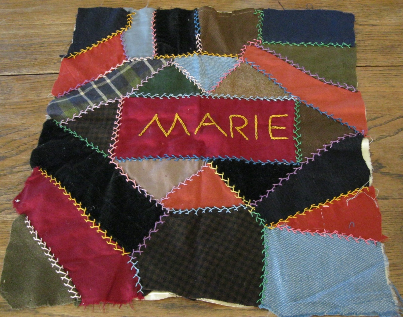 Vintage Crazy Quilt Patchwork Pillow Top with Name