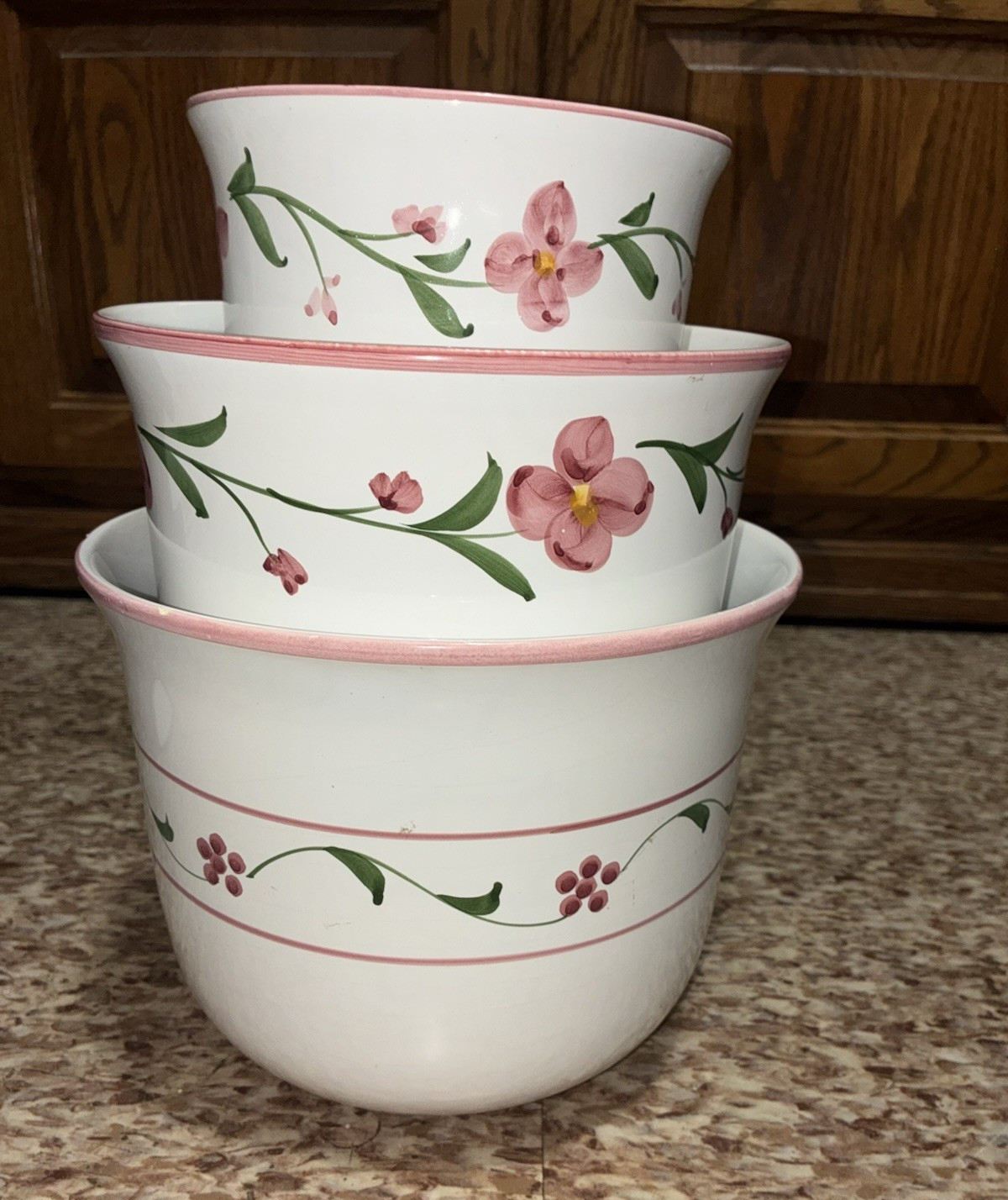 3-Pc Ceramic Nesting Bowl Set, Hand Painted White/Pink/Green Floral, Round, 9 in