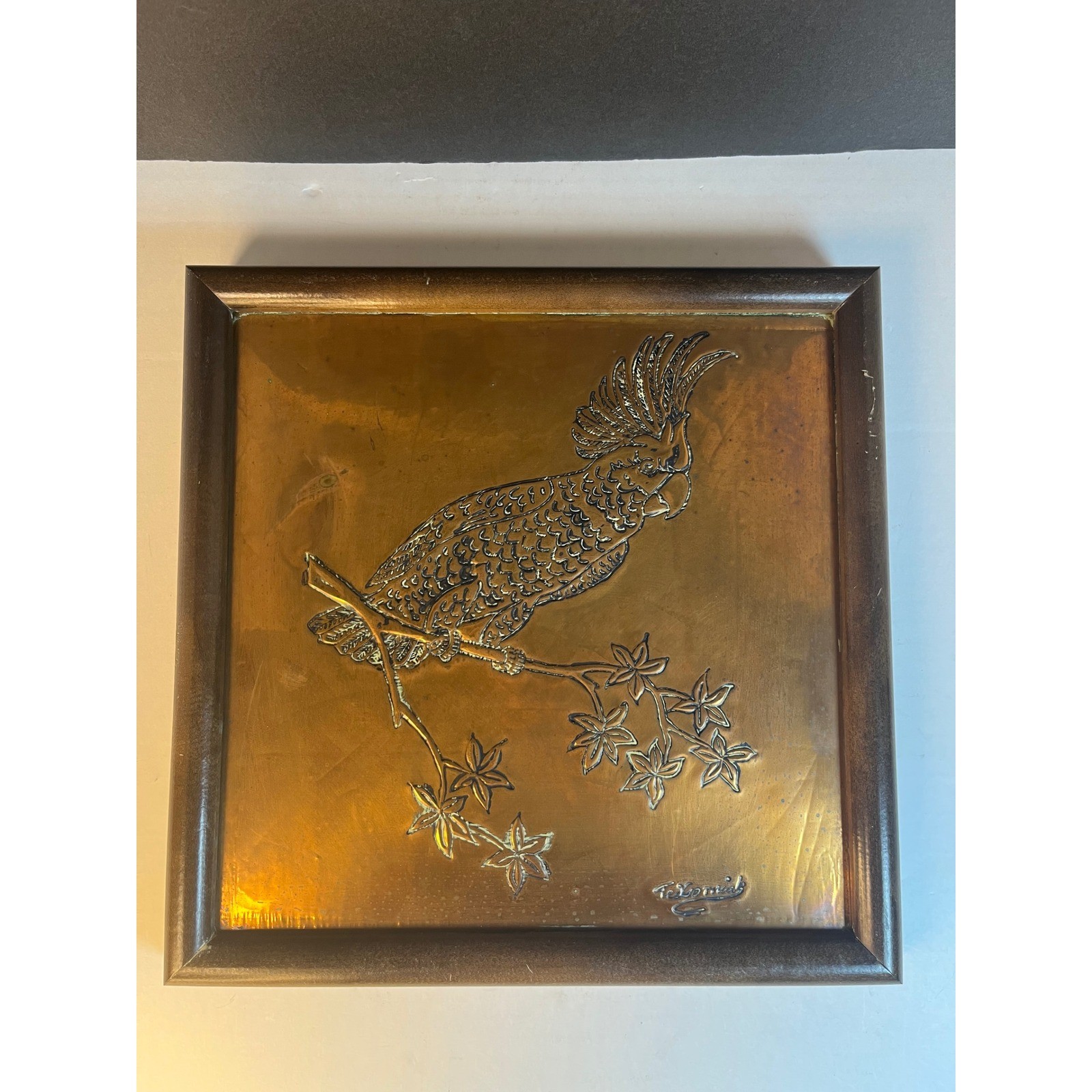 Vintage Framed Embossed Copper Art Plaque Cockatoo Parrot Repousse Signed