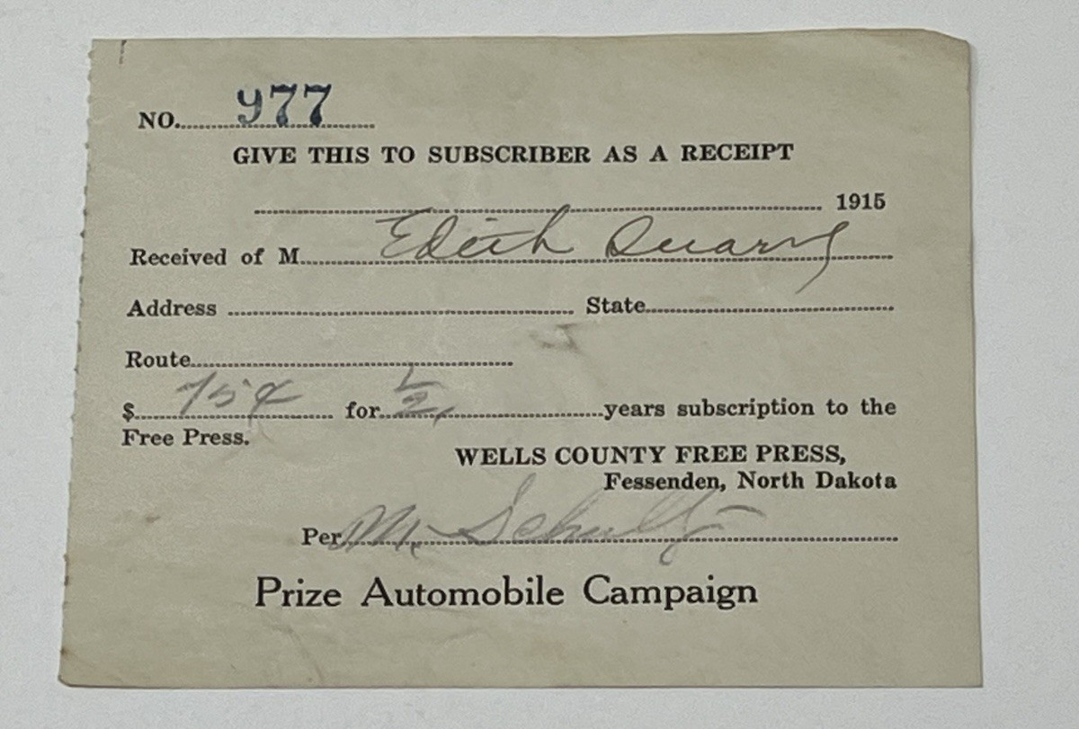 1915 Wells County Free Press Fessenden ND Prize Automobile Campaign Receipt