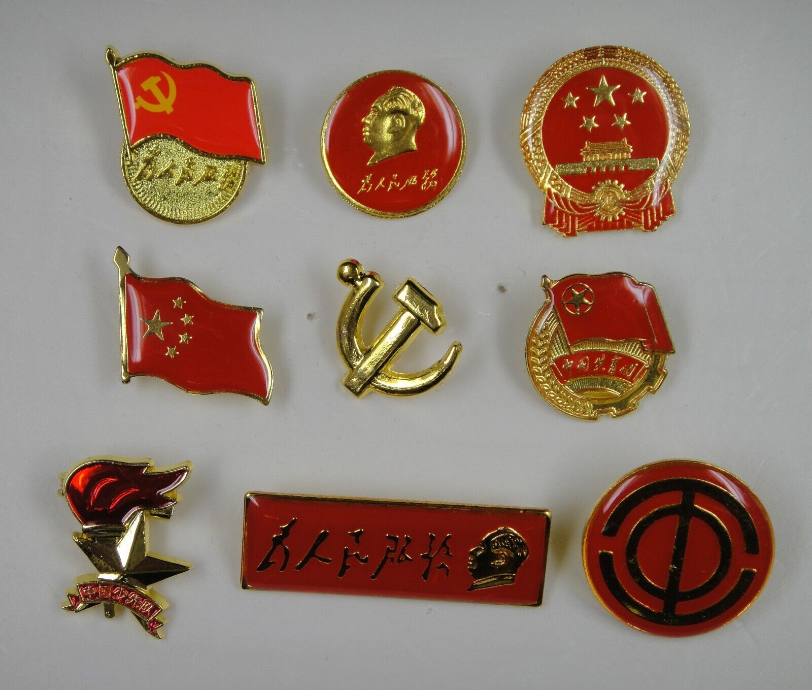 9 Pins Badges:Mao,National Flag/Emblem,Party,Communist Youth League,Labour Union