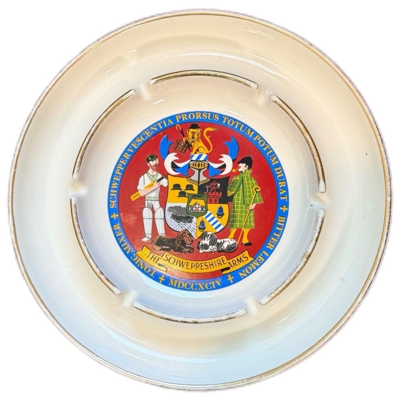 Vintage Schweppes Ceramic Ashtray Schweppeshire Arms Crest Gold Trim ST-2