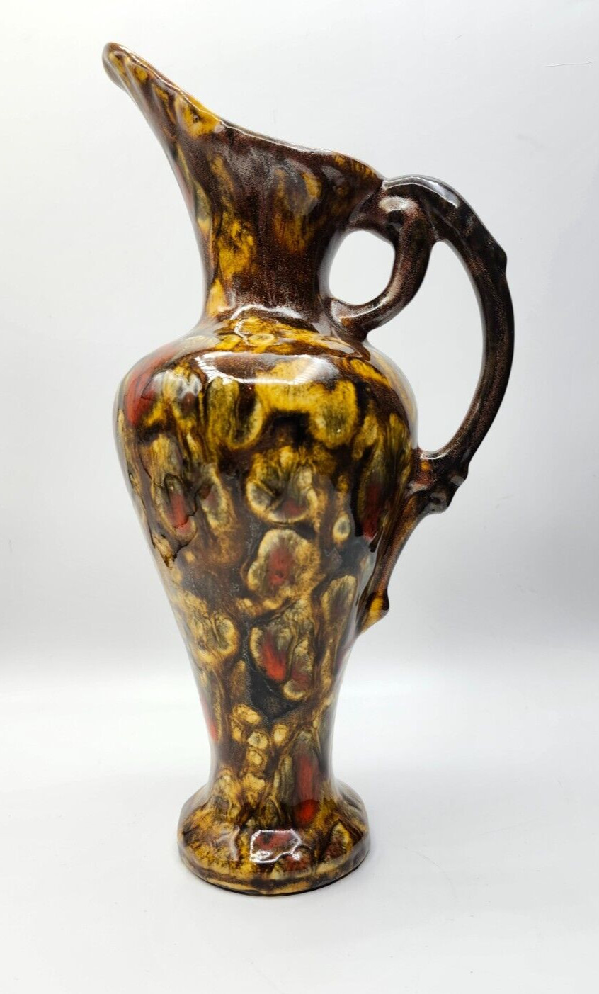 MCM 1960 Ceramic Art Pottery Ewer Pitcher Vase Brown & Gold MCM Signed 12\