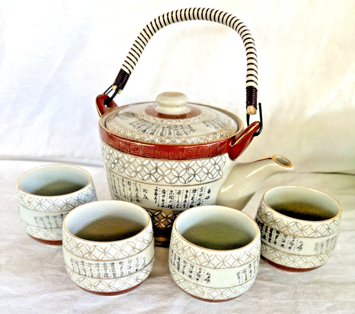 Kutani Kinzan Japanese Tea Pot And 4 Cups Hand-Painted Tea Set Miniature Writing