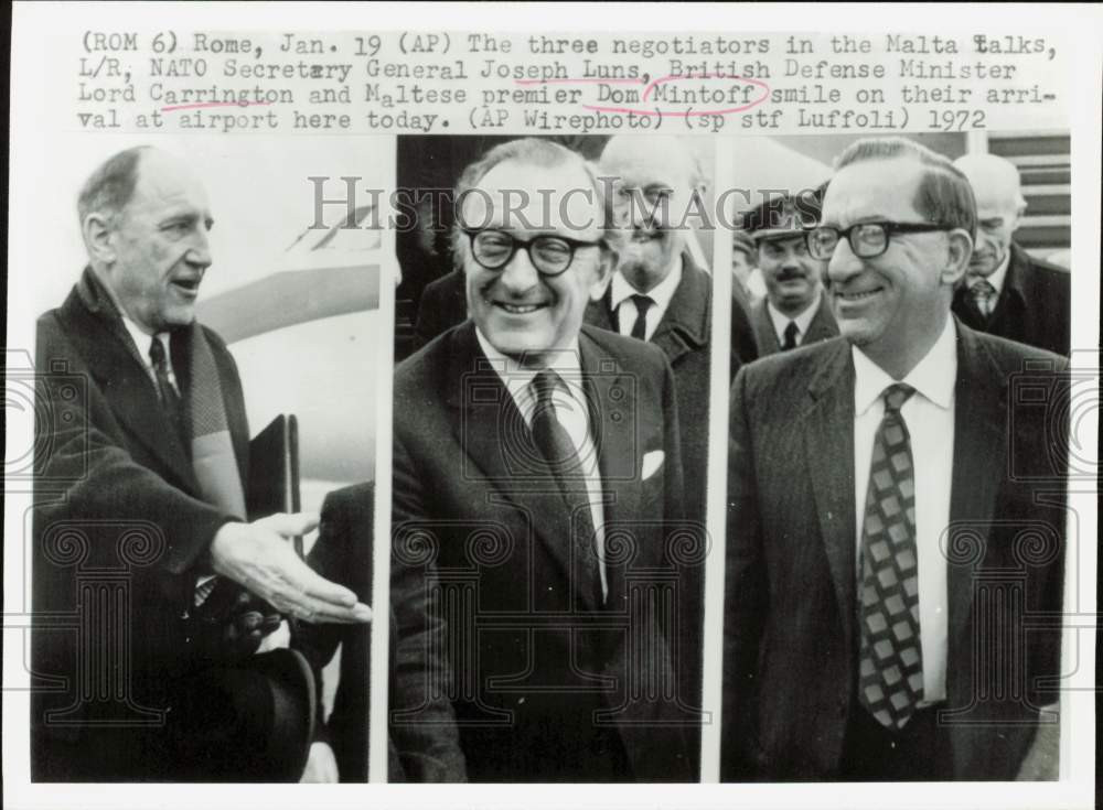 1972 Press Photo Gen. Joseph Luns, Lord Carrington & Dom Mintoff in Rome, Italy