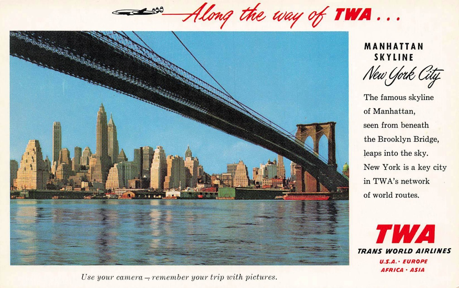 AIRLINES POSTCARD: ALONG THE WAY OF TWA, MANHATTAN SKYLINE, NYC, NY
