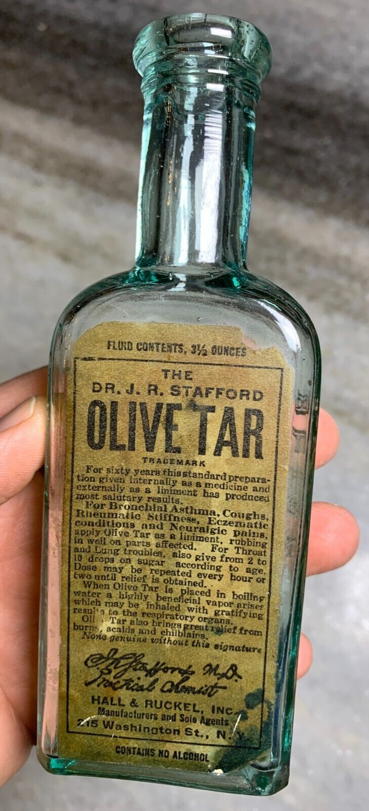 Antique Stafford's Staffords OLIVE TAR Medicine Bottle New York Label Labeled