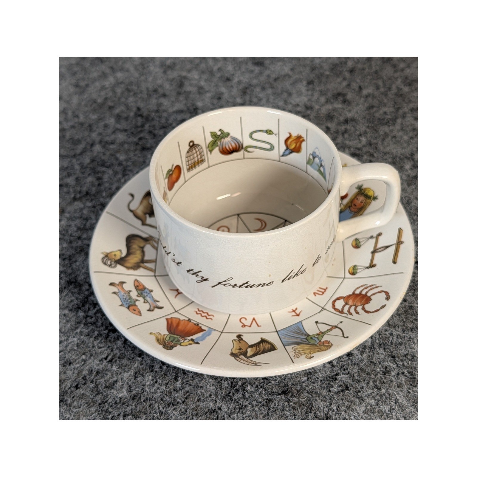 Vintage Jon Anton Ironstone Tasseography Fortune Telling Tea Cup Saucer England Vintage Jon Anton Ironstone Tasseography Fortune Telling Tea Cup Saucer England