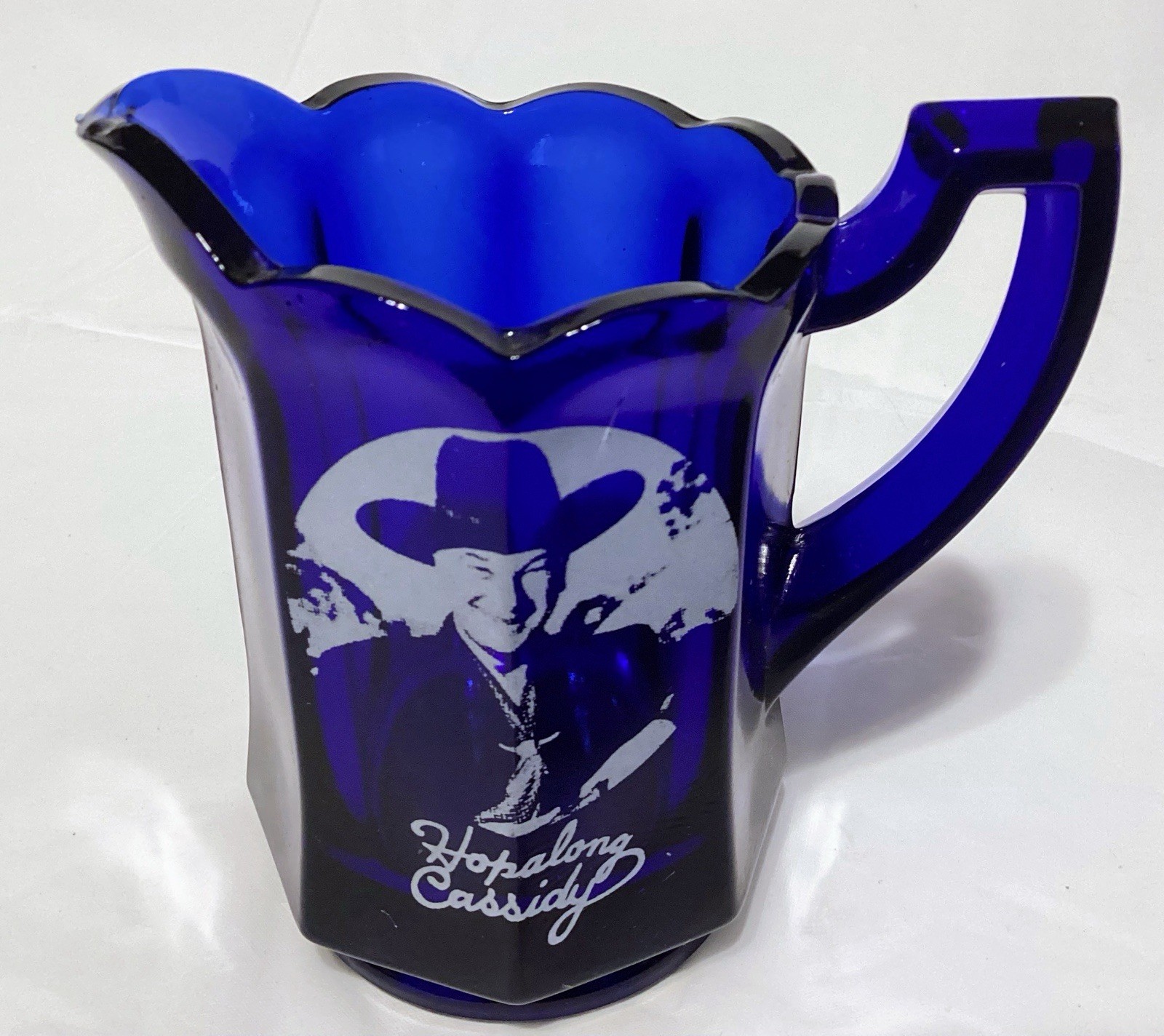 Hopalong Cassidy Cobalt Blue Collectible Glass Pitcher 4”