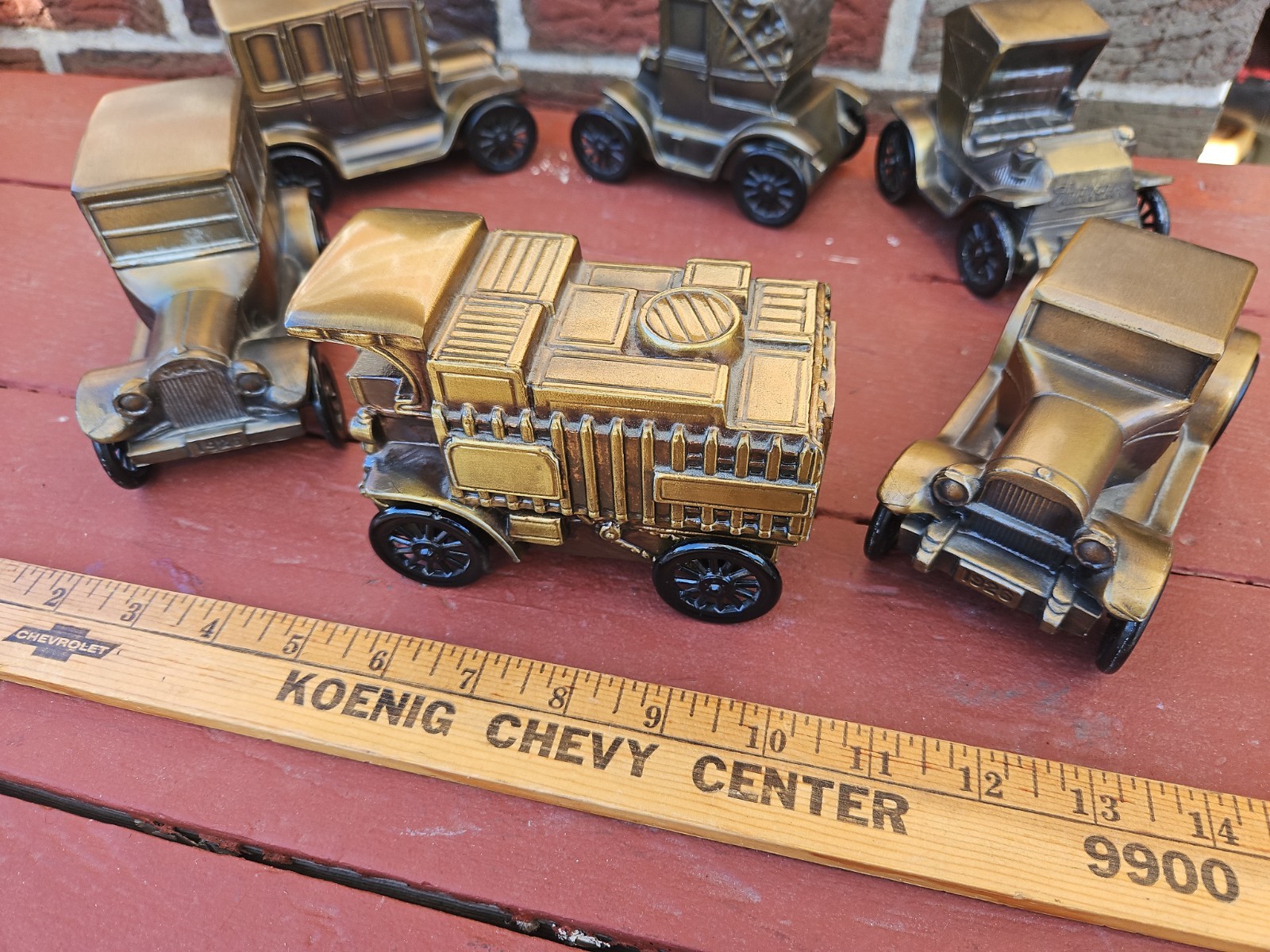  6 Vintage BANTHRICO Car Coin Banks Studebaker Ford Mack Metal w/1 Key USA