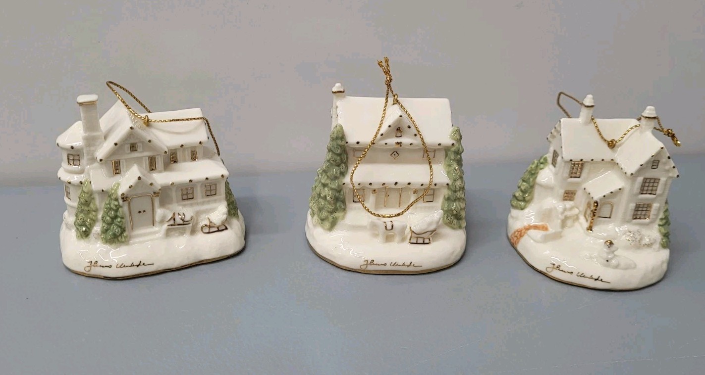 Vtg Bradford Editions Thomas Kinkade White Christmas Set #4 Bone China Ornaments