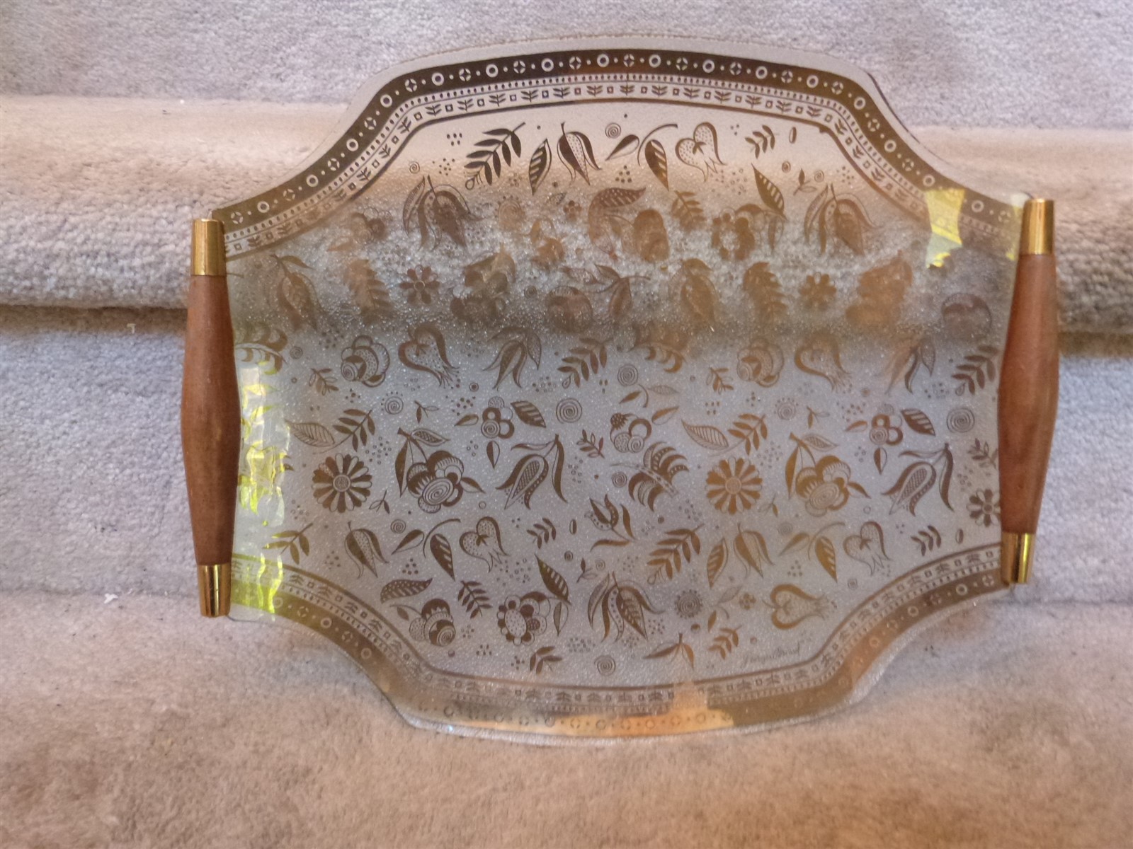 VINTAGE MCM Georges Briard Glass Tray Gold Flowers Teak Handles 12.5