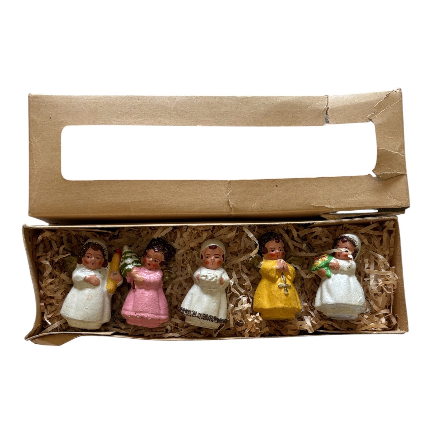 5 VTG Angels Girls West Germany 1940s Composite Ornaments W/Box