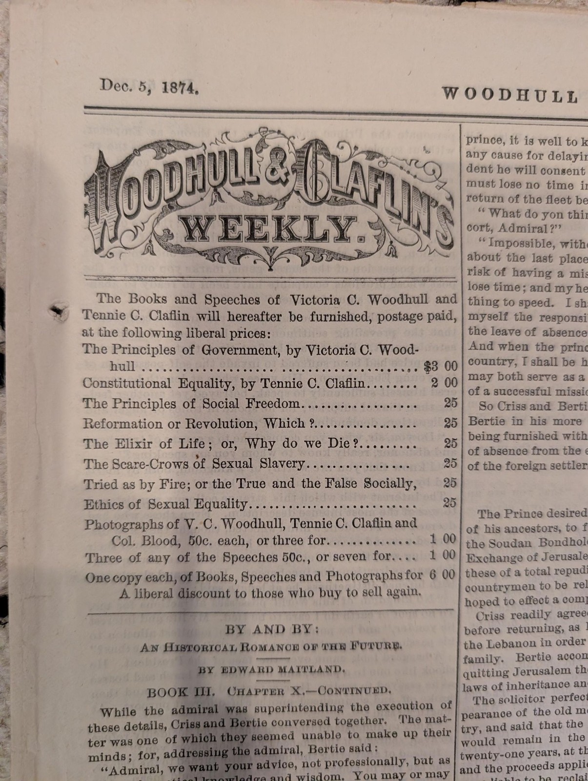 1874 Woodhull & Claflins Weekly — Victoria Woodhull, Free Love — Dec 5