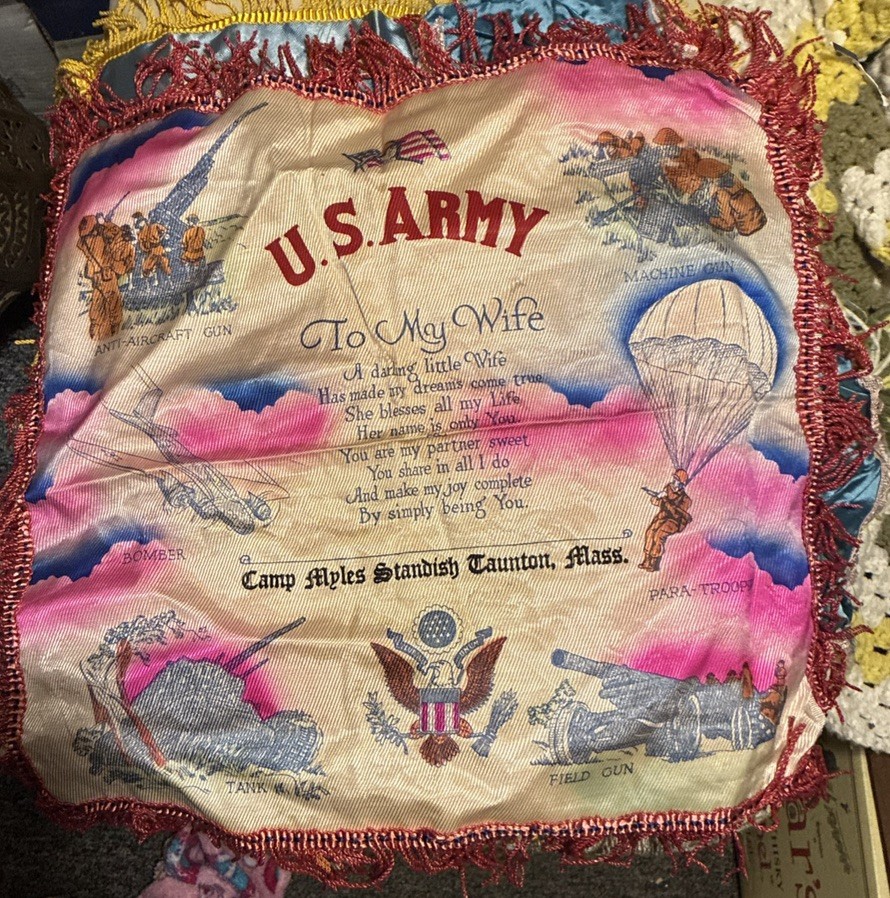 Vintage WW2 Satin Sweetheart Pillowcase W/ Fringe Camp Myles Standish Mass 