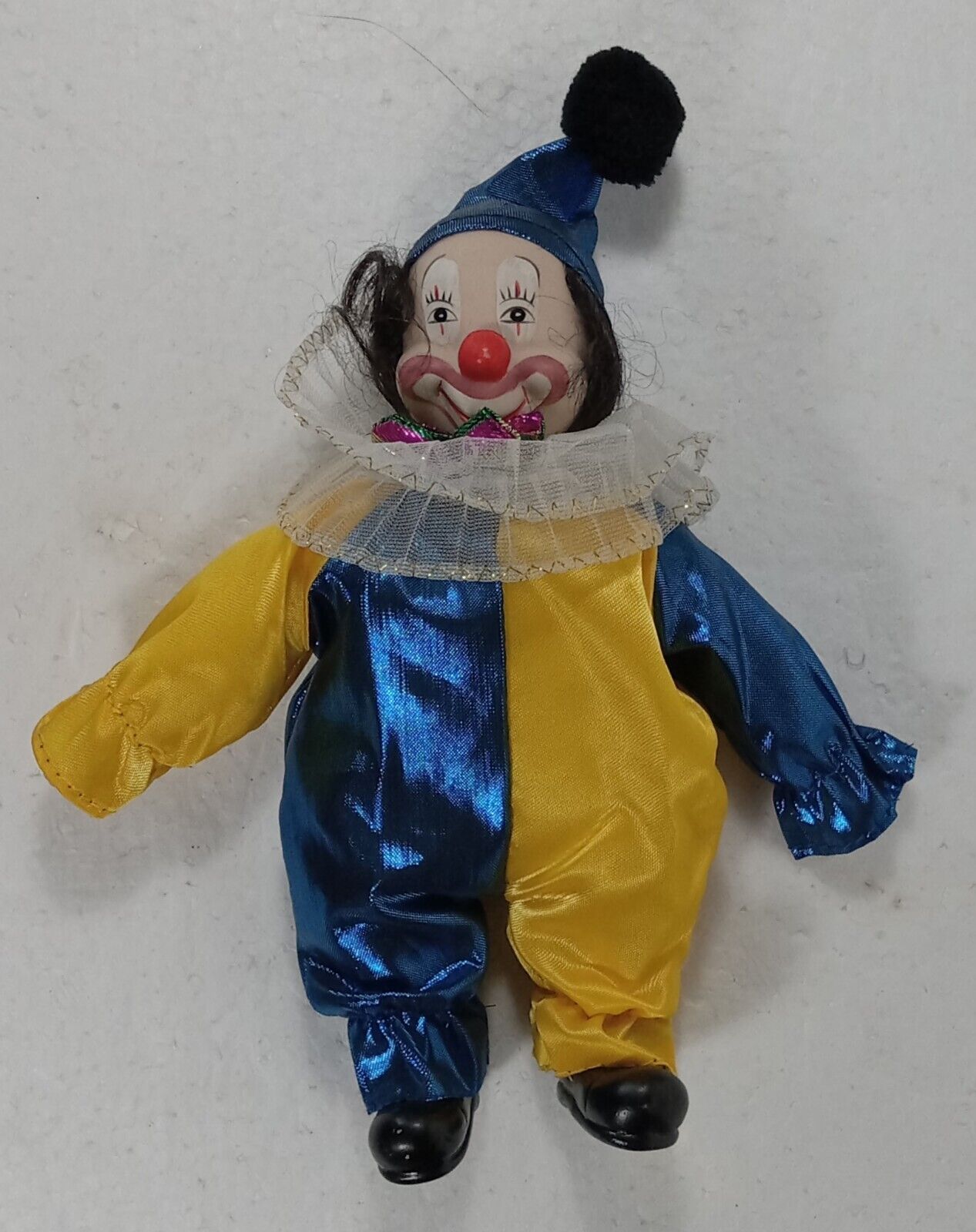 Victoria Impex Clown Doll VTG Bisque Jester Blue Yellow Soft Body Porcelain Head