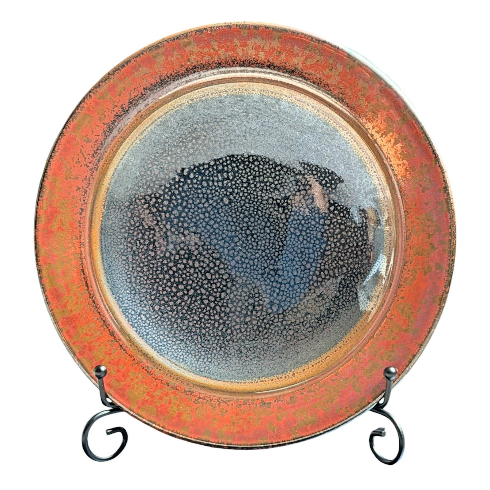 Vintage Studio Pottery Oil Spot Tenmoku Glaze Dinner Plate - Orange Kaki 9.75” Vintage Studio Pottery Oil Spot Tenmoku Glaze Dinner Plate - Orange Kaki 9.75”