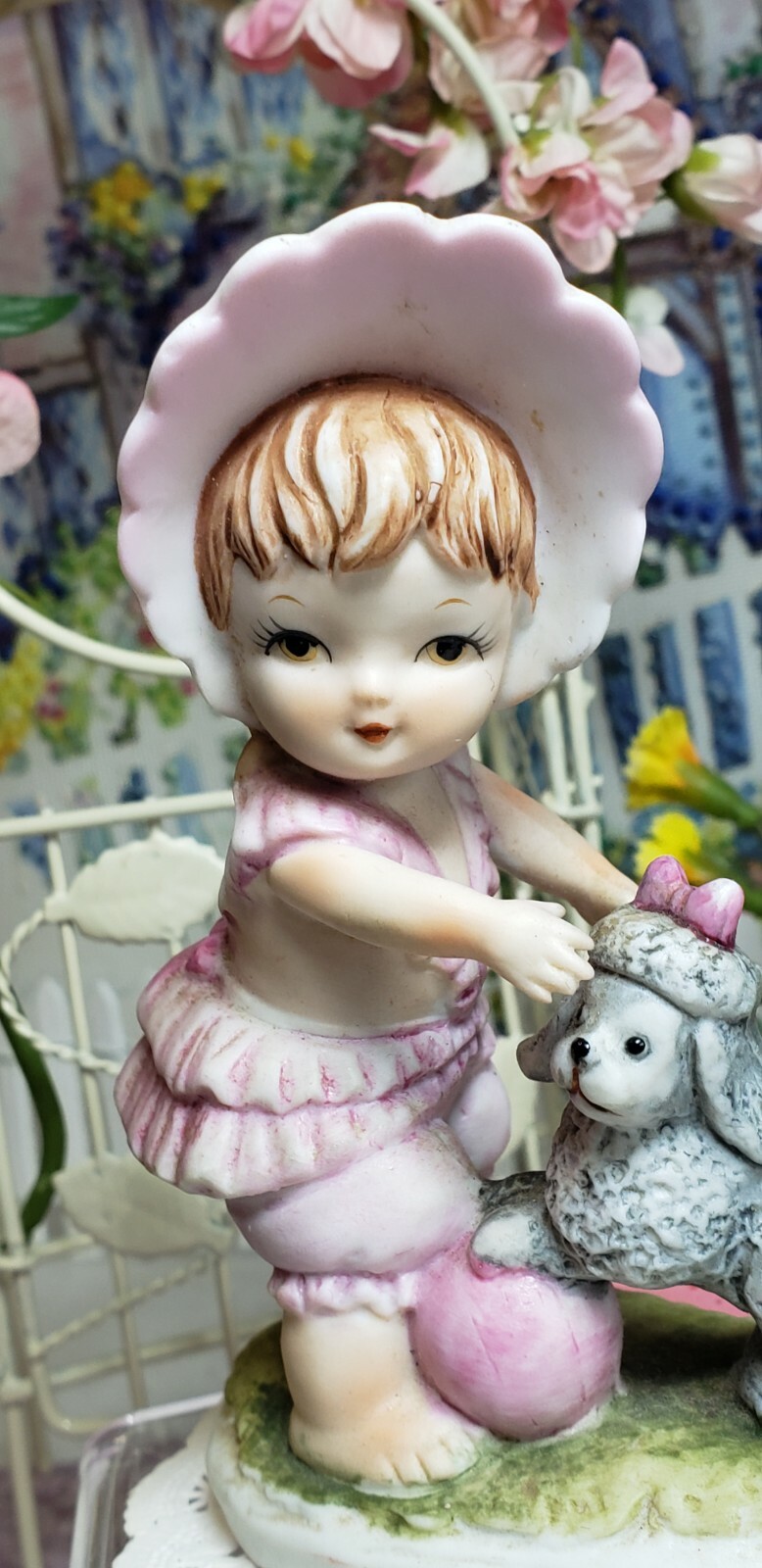 ❤ RARE Vintage Lefton PINK Baby Girl w/ BLACK POODLE Figurine MINT ADORABLE ❤ 