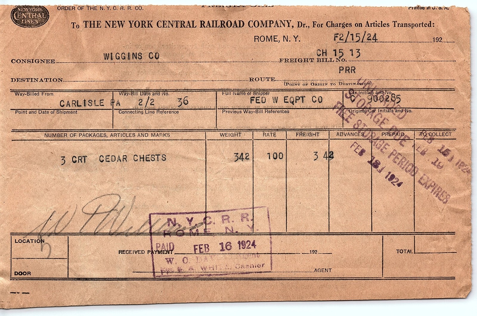 1924 NYC RR freight bill: Cedar Chests, Rome NY to Carlisle