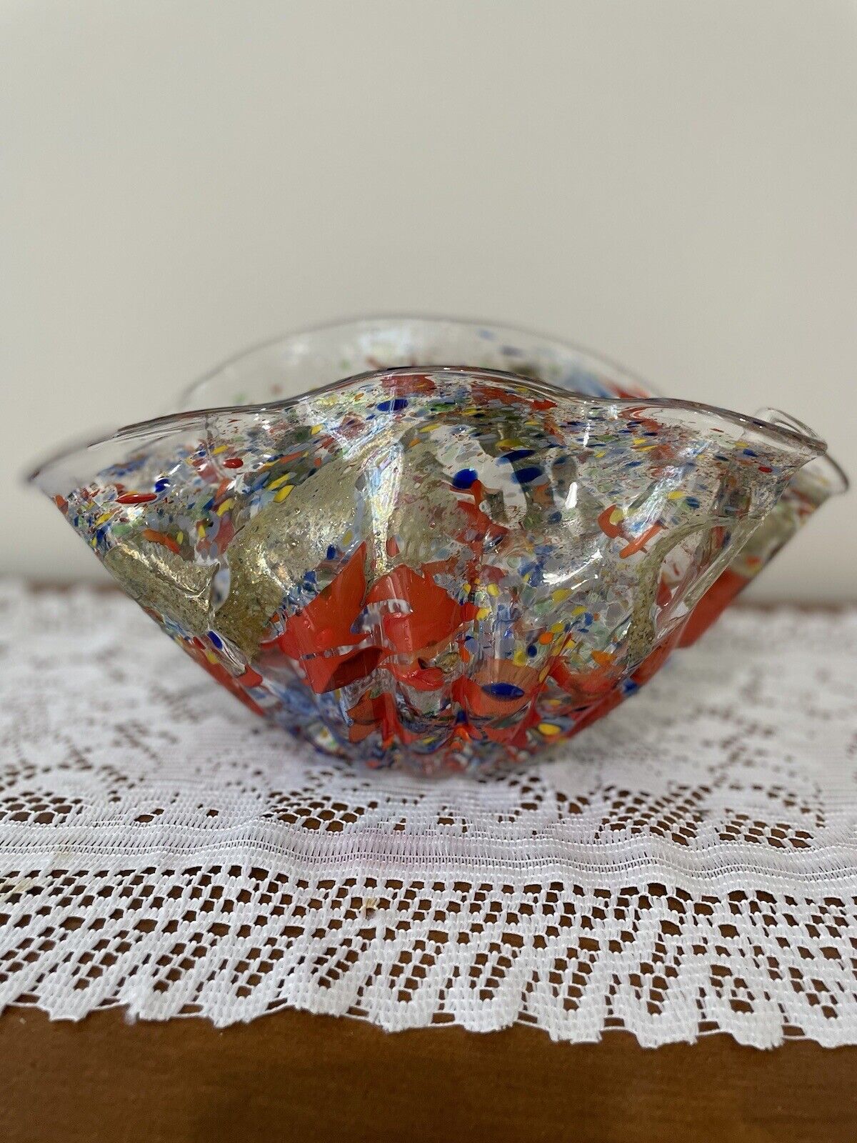 Handblown Ion Tamaian Vintage Confetti Glass Handkerchief Vase From Romania