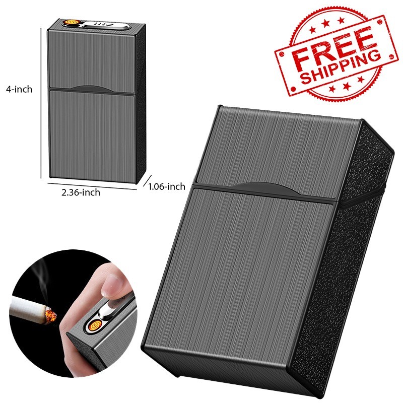 Cigarette Case Tobacco Box w/Windproof Electric Flameless Lighter Rechargeable