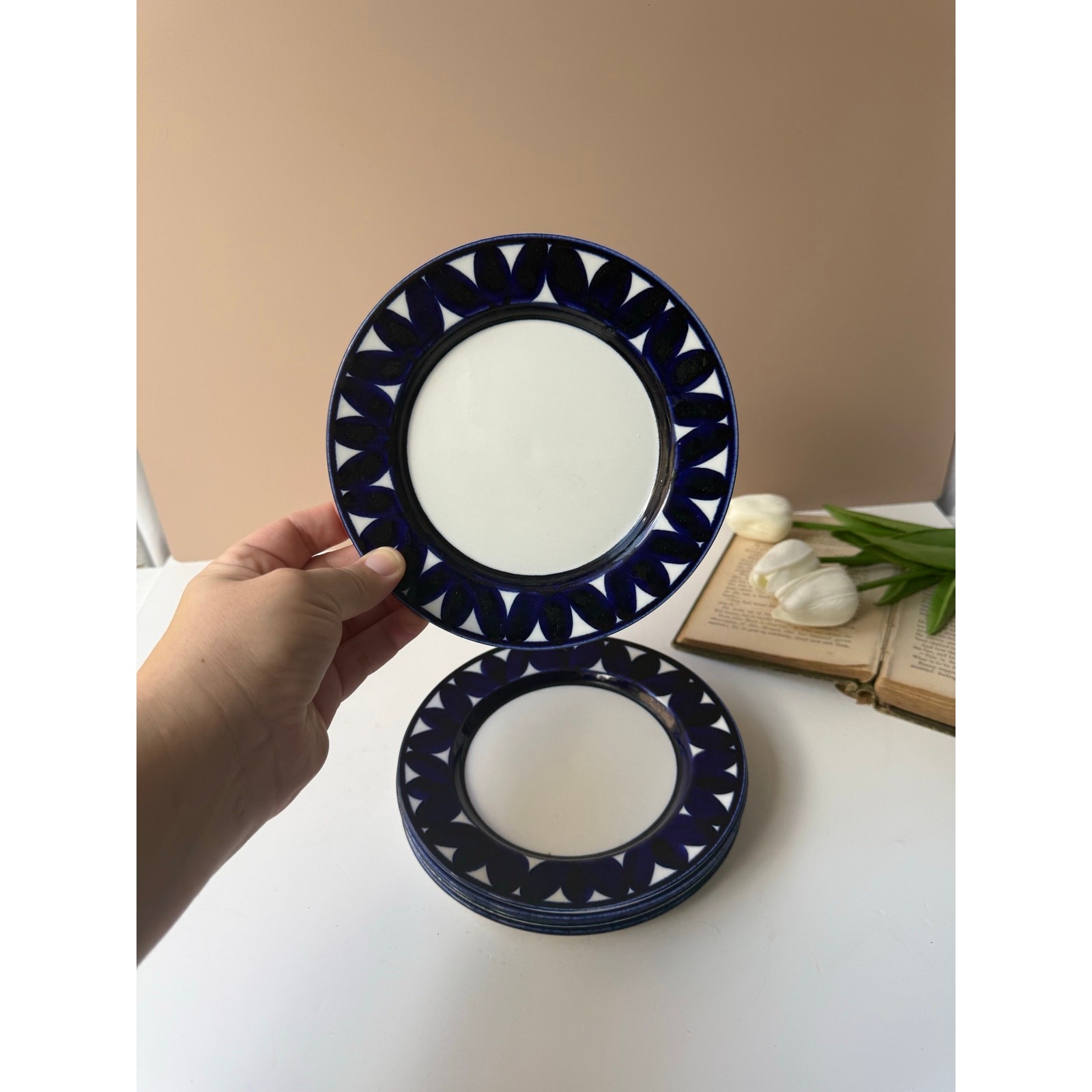 Vintage Arabia Sotka Ceramic Salad Dessert Plates | Set of 5 | Blue Navy Trim