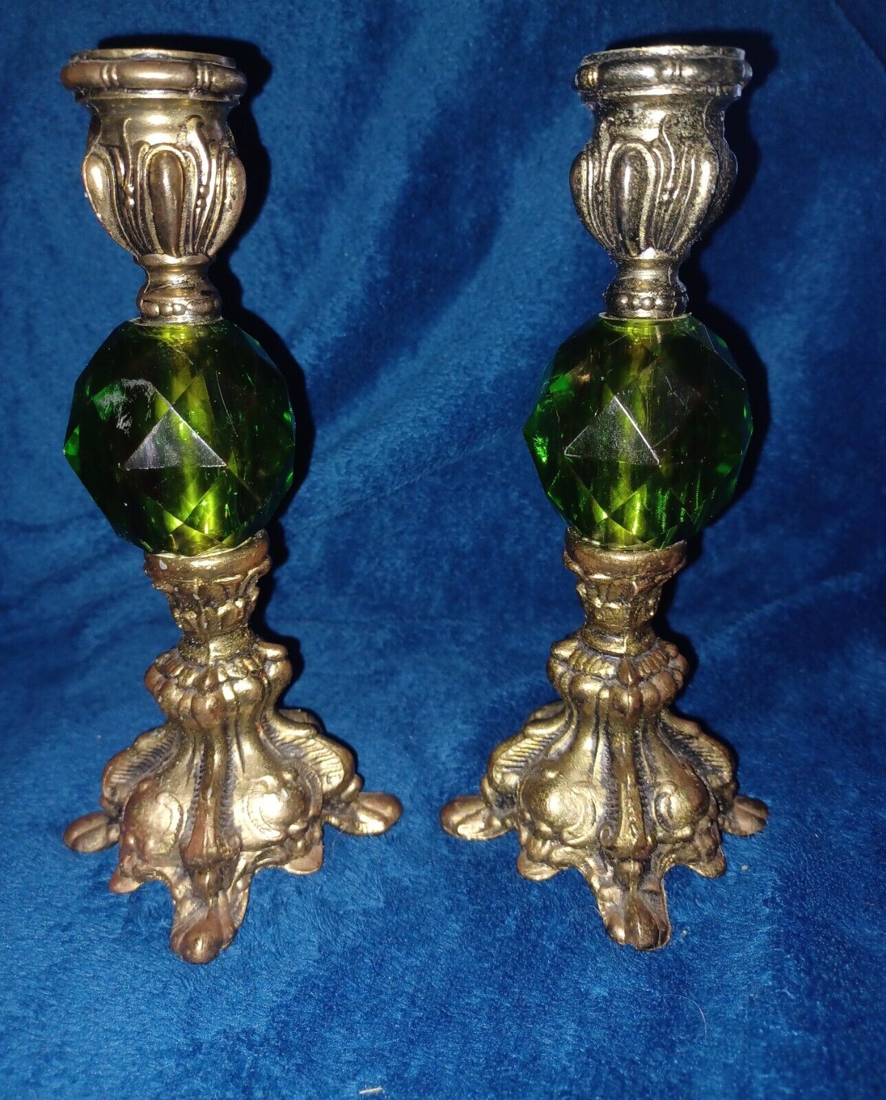 Vintage Mid Century Green Lucite Candlestick Pair Brass 8 Inches