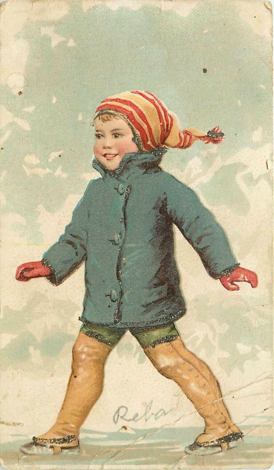 Winter Child Boy Ice skating Glitter Christmas Postcard