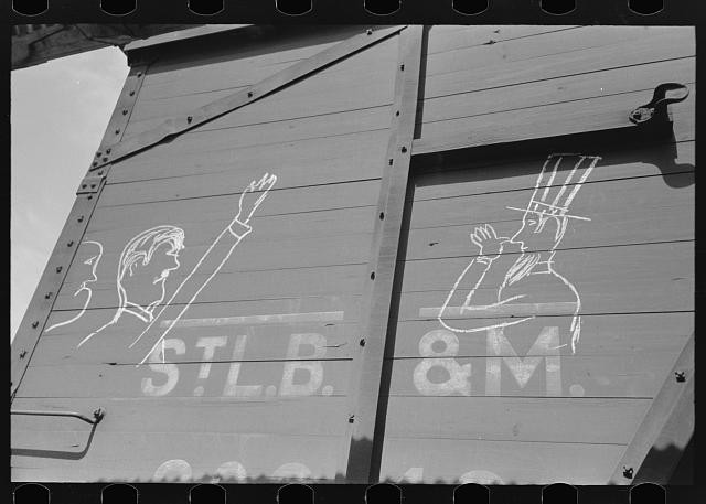 Photo:Crystal City Texas 1939 Fascism and Uncle Sam Boxcar Sign