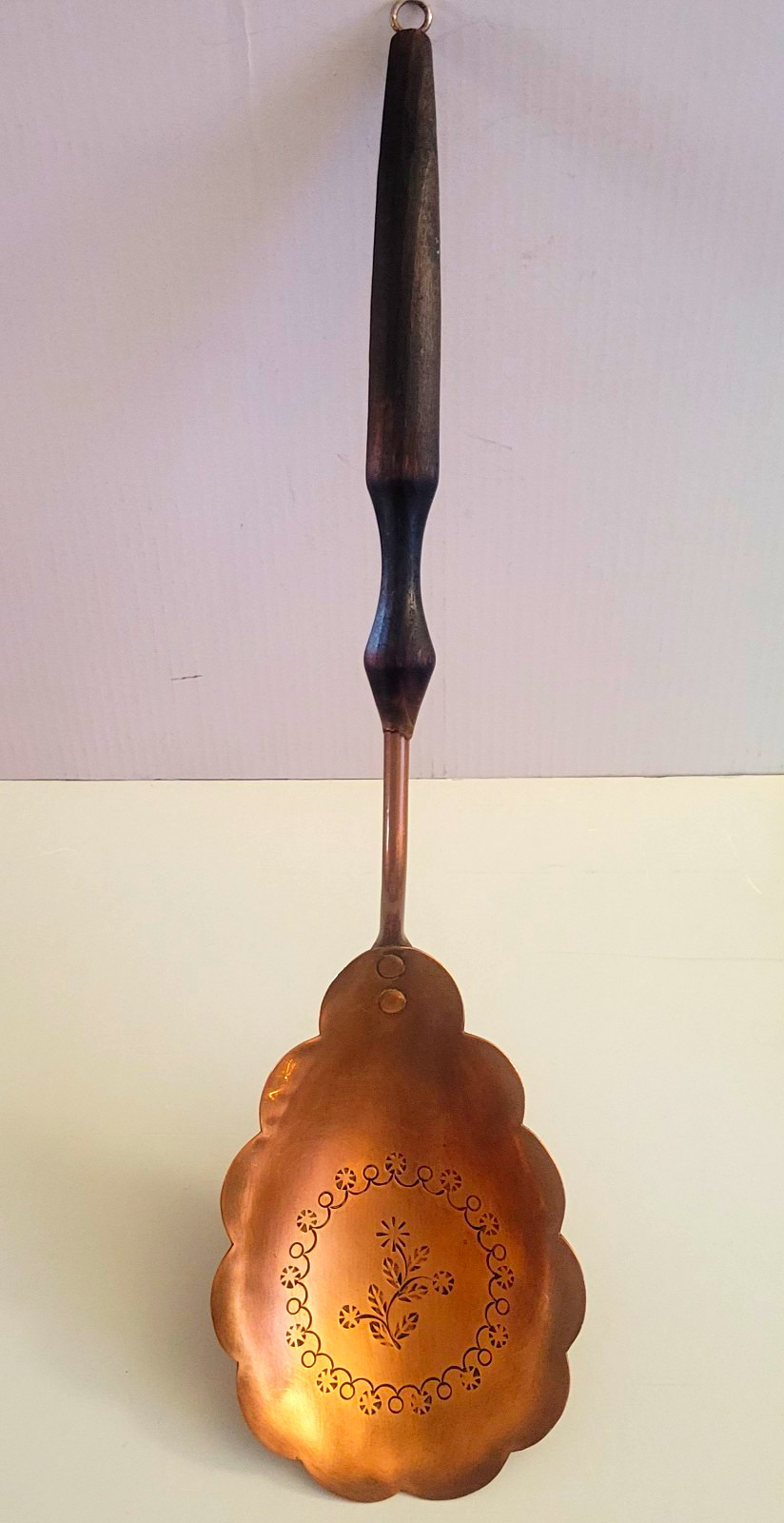 Antique Ukrainian Copper Serving Spoon Ladle Hand Hammered Scalloped 15.5\