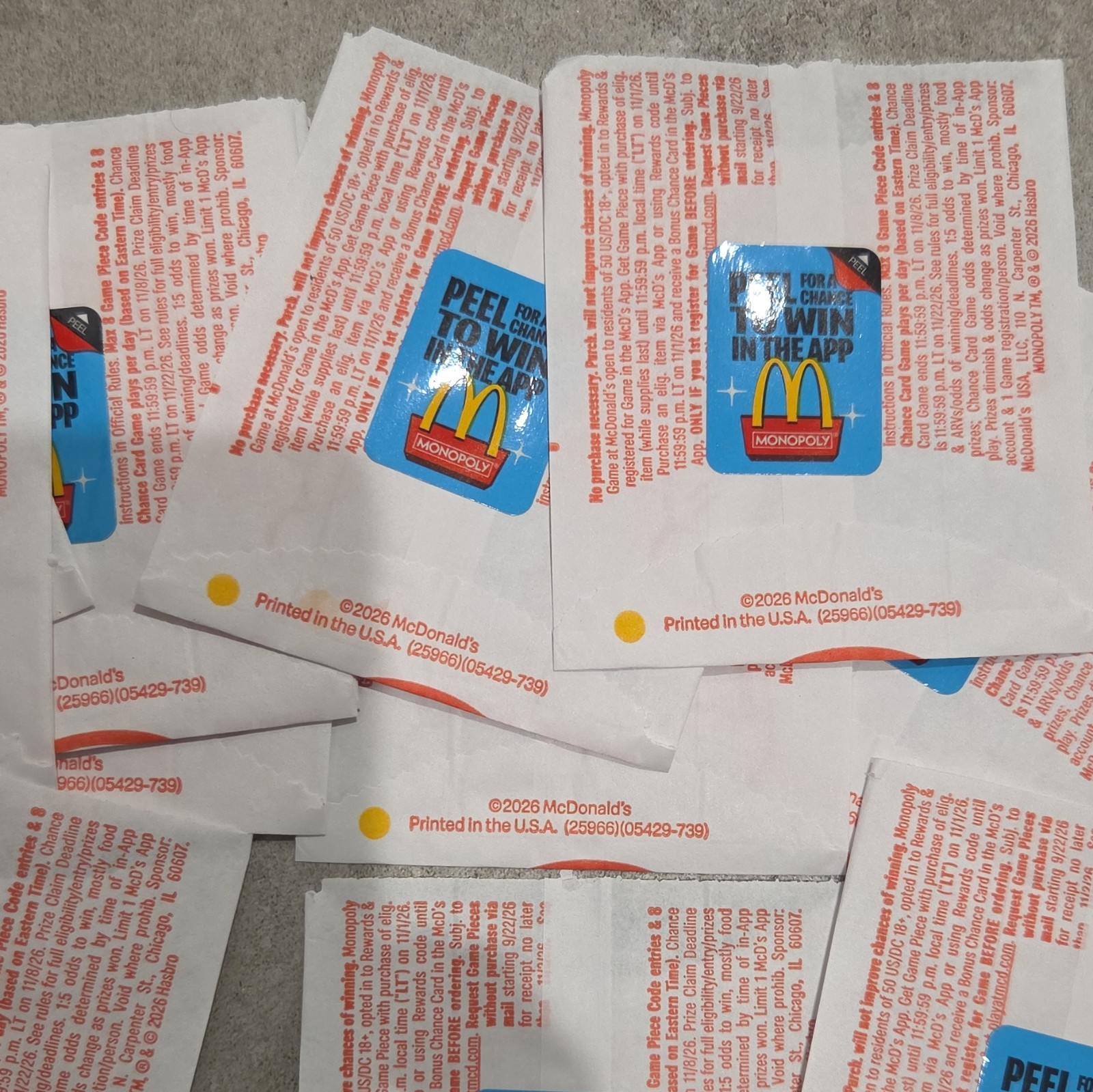 McDonald\'s 2026 Monopoly Game Unpeeled Pieces (Lot of 50) Start Winning Today