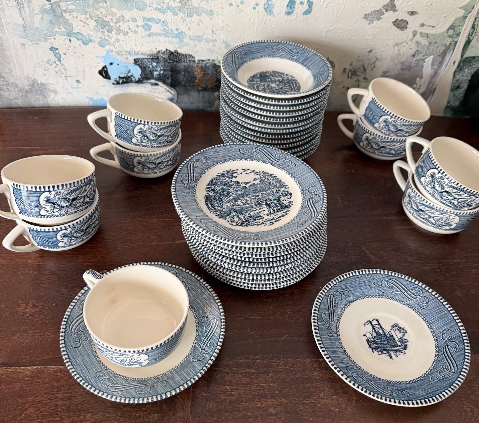 37pc Vtg Royal China Currier  Ives Blue White Lot - 10 Cups, 12 Plates, 13 Bowls