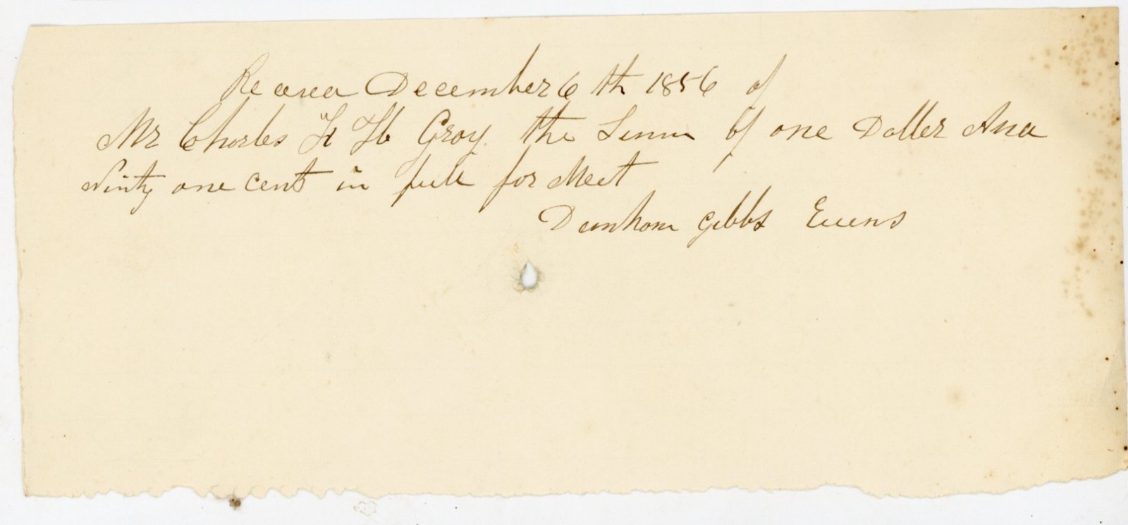 1856 Antique Handwritten Receipt Charles H Gray Payment Meat Denholm Gibbs Evans